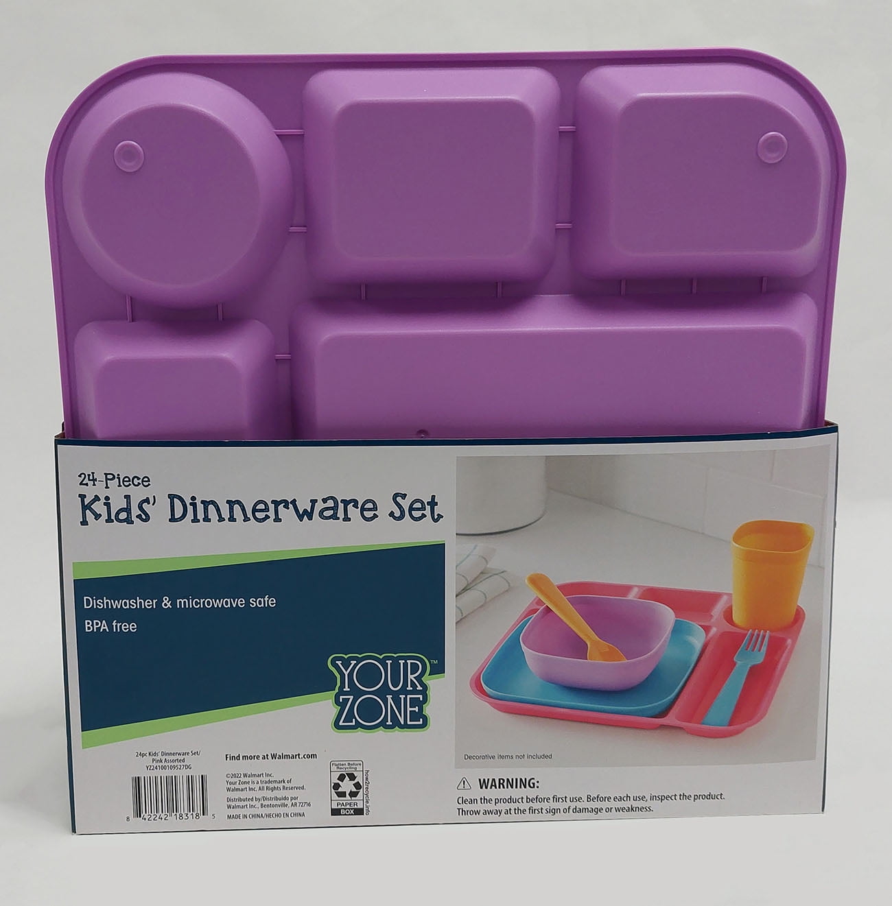 Your Zone 24 Piece Plastic Dinnerware Set for Kids with 4 each Trays, Bowls, Plates, Cups, Forks, Spoons in Bright Pink, Teal, Purple, Orange