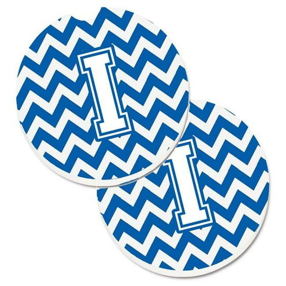 Letter I Chevron Blue & White Set of 2 Cup Holder Car Coaster