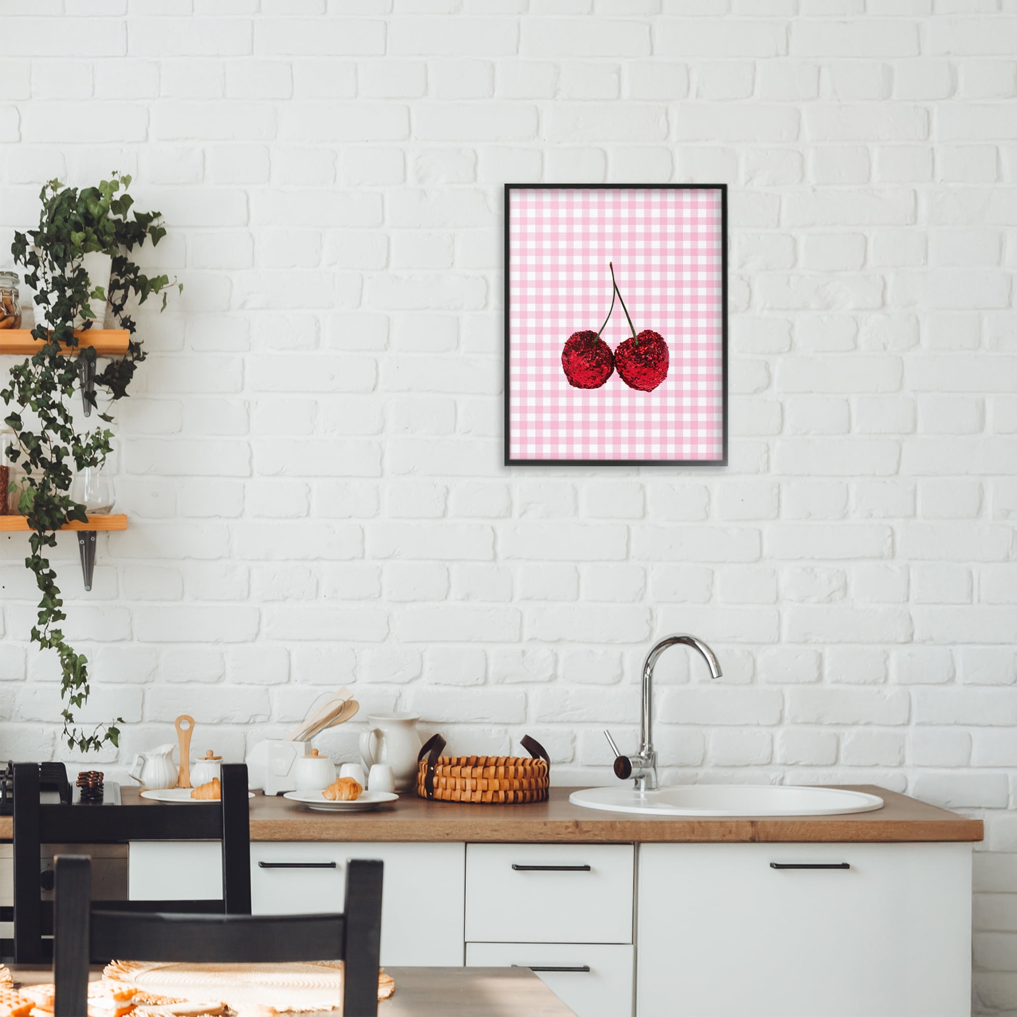 Stupell Industries Glitter Cherry on Pink Gingham Black Framed Giclee Art, design by LISH Creative