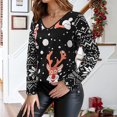 thumbnail image 3 of Camisa de mujer de manga larga con estampado colorido para alegrar las fiestas, camiseta navideña negra con cuello en V, 3 of 6