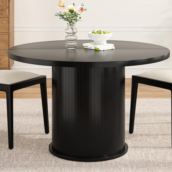 Farini 43" Round Dining Table, Modern Wood Kitchen Table with Metal Base, Seats 4, for Dining Room or Kitchen, Black