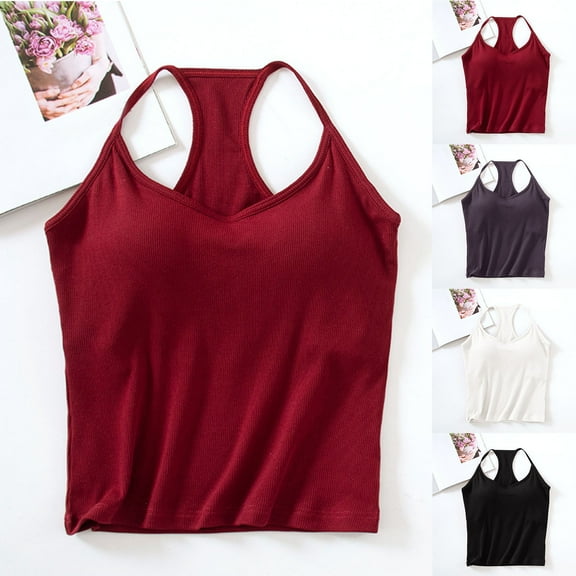 Fanxing Built in Bra Tank Tops for Women Spaghetti Strap Workout Shelf Bra Camisole Tops Racerback Padded Solid Sports Under Clothes Wine,XL