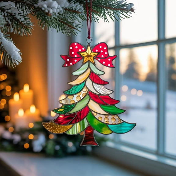 Coquette Bow Christmas Tree Acrylic Suncatcher, Holiday Window Hanging Ornament, Festive Tree Sun Catcher, Christmas Stained Glass Decor