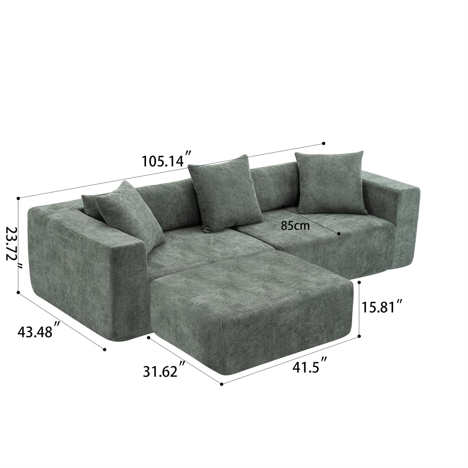 Demi Bonn 105" L-Shaped Modular Sofa Set, Soft Chenille Fabric Cloud Couch Lounge Chair for Living Room, Bedroom, No Installation Needed, Green