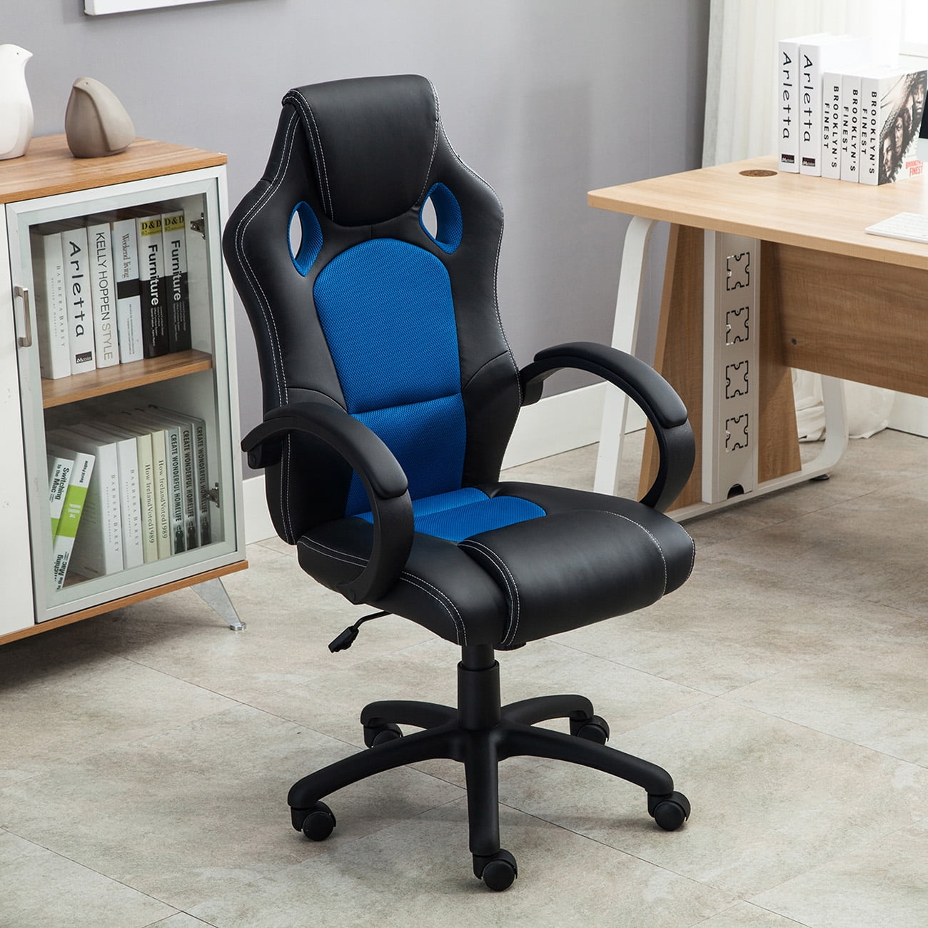 Belleze Racing High Back Office Chair Pu Leather Computer Desk Belleze Racing High Back Office Chair Pu Leather Computer Desk Gaming Swivel Wheel Seat Black Blue Com