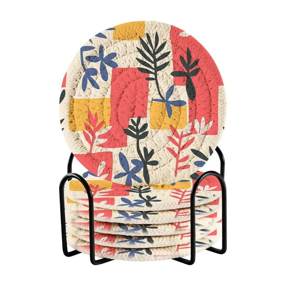 Colorful Plants and Squares Coasters with Holder for Coffee Table 6 Pcs Drink Coaster Sets Absorbent for Home Decor 4 inch