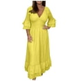 thumbnail image 4 of qolati Cotton Linen Dresses for Women 2023 Summer Plus Size V Neck Ruffle 3/4 Sleeve Boho Dress Eyelet Slim Fit Ruffle Hem Beach Maxi Dress, 4 of 7