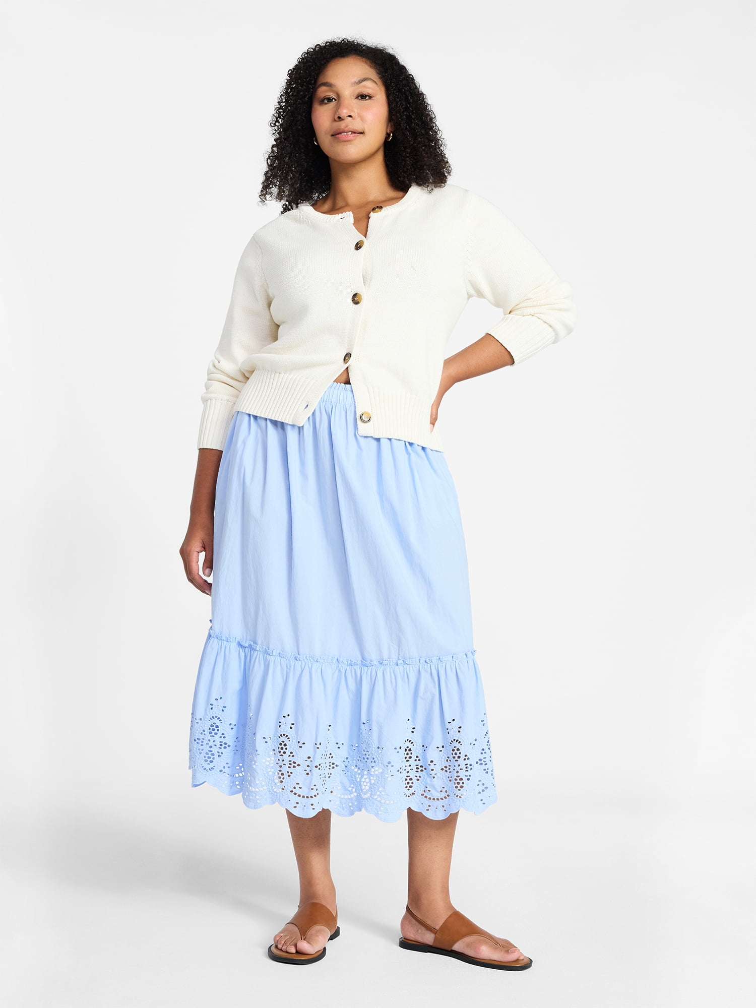 Time and Tru Women's Cotton Eyelet Hem Midi Skirt, Sizes XS-XXXL