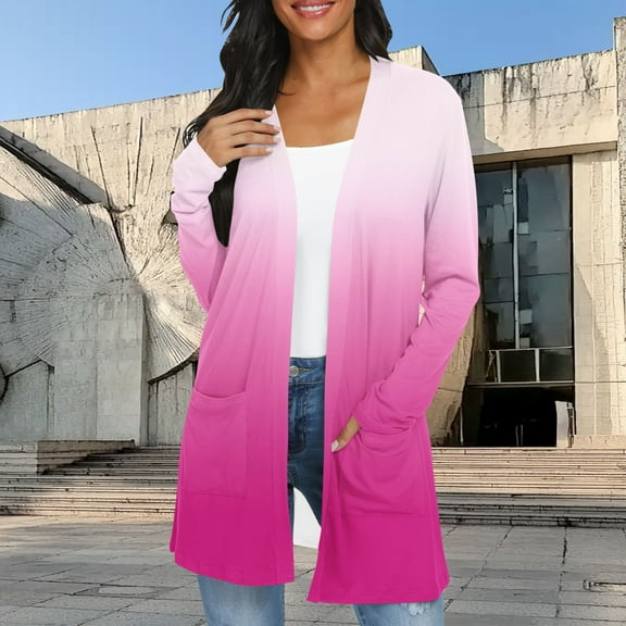 Heisall Womens Cardigan Long Sleeve Loose Casual Open Front Pocket Gradient Print Fashionable Sweater