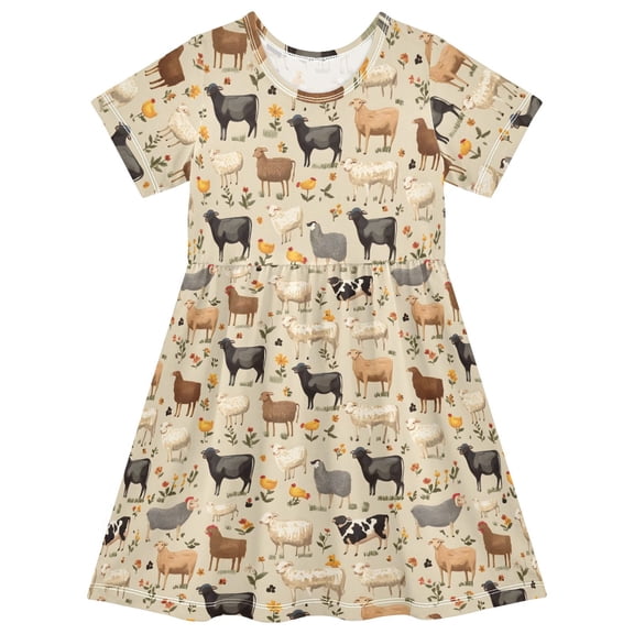 joogoo Farm Animals Sheeps Girls' Short Sleeve Dress Kids Dresses 5-6T