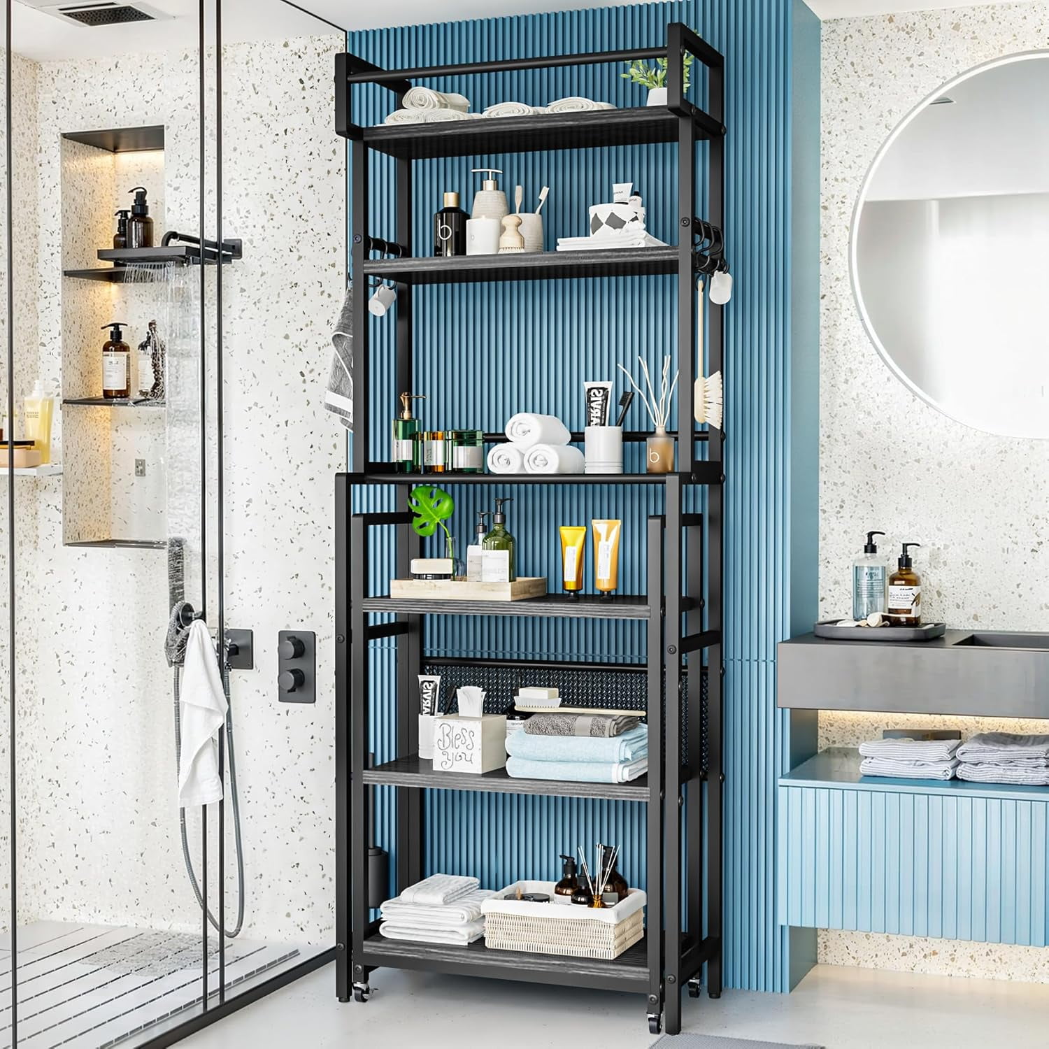 LinkRomat 6-Tier Farmhouse Bathroom Shelf, Over Toilet Organizer with Rolling Cart & 6 Hooks, Space Saving Storage Rack for Bathroom, Black