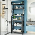 thumbnail image 4 of LinkRomat 6-Tier Farmhouse Bathroom Shelf, Over Toilet Organizer with Rolling Cart & 6 Hooks, Space Saving Storage Rack for Bathroom, Black, 4 of 8