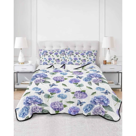 Quilts King Size, Purple Blue Hydrangea Soft Comforter Bedding Set for Bed, Watercolor Butterfly Flowers Lightweight Quilted Bedspread with Pillow Cover(2 Pieces) for All Season, 96x106 Inch