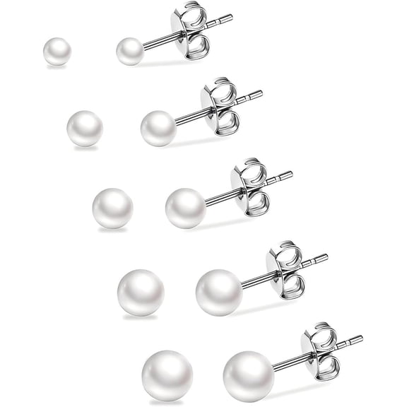 DESIGNICE Small Pearl Stud Earrings,5 Pairs Hypoallergenic Stainless Steel Simulated Pearl Earrings for Women,Lightweight Round Ball Studs Set 3-7MM Birthday Valentine's Day Jewelry Gifts