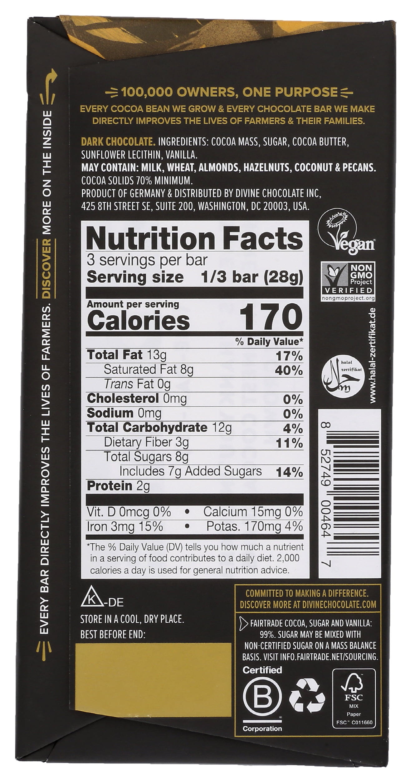 (Pack of 12), Divine Chocolate 70% Dark Chocolate Bar, 3 oz