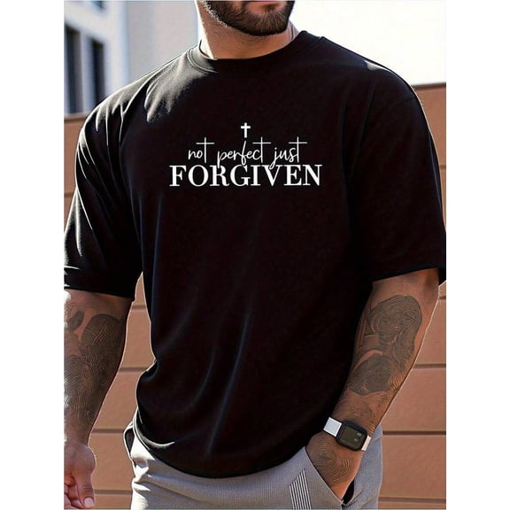 Men's T-Shirt - Black Religious Graphic Tee With "Not Perfect Just FORGIVEN" Cross Print - 100% Cotton Shirt Casual Top - Machine Washable Christian Clothing