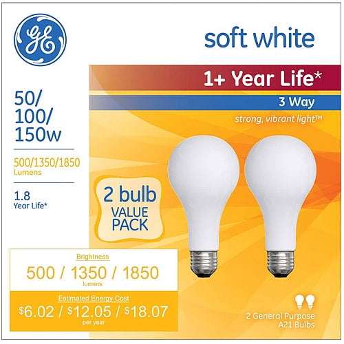 GE soft white Incandescent 3way 50/100/150 watt A21, 2 Pack Walmart