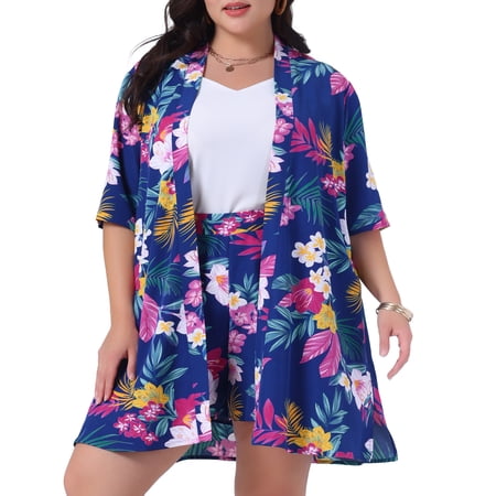DARING DIVA Women s Plus 2 Pcs Tropical Kimono Floral Tops and Shorts Set Dark Blue 3X