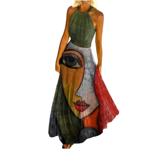 Moda Casual verano sin mangas cuello redondo vestido estampado Halter cuello cremallera vestido de mujer vestidos largos plisados Pompotops ghjkhdj5039
