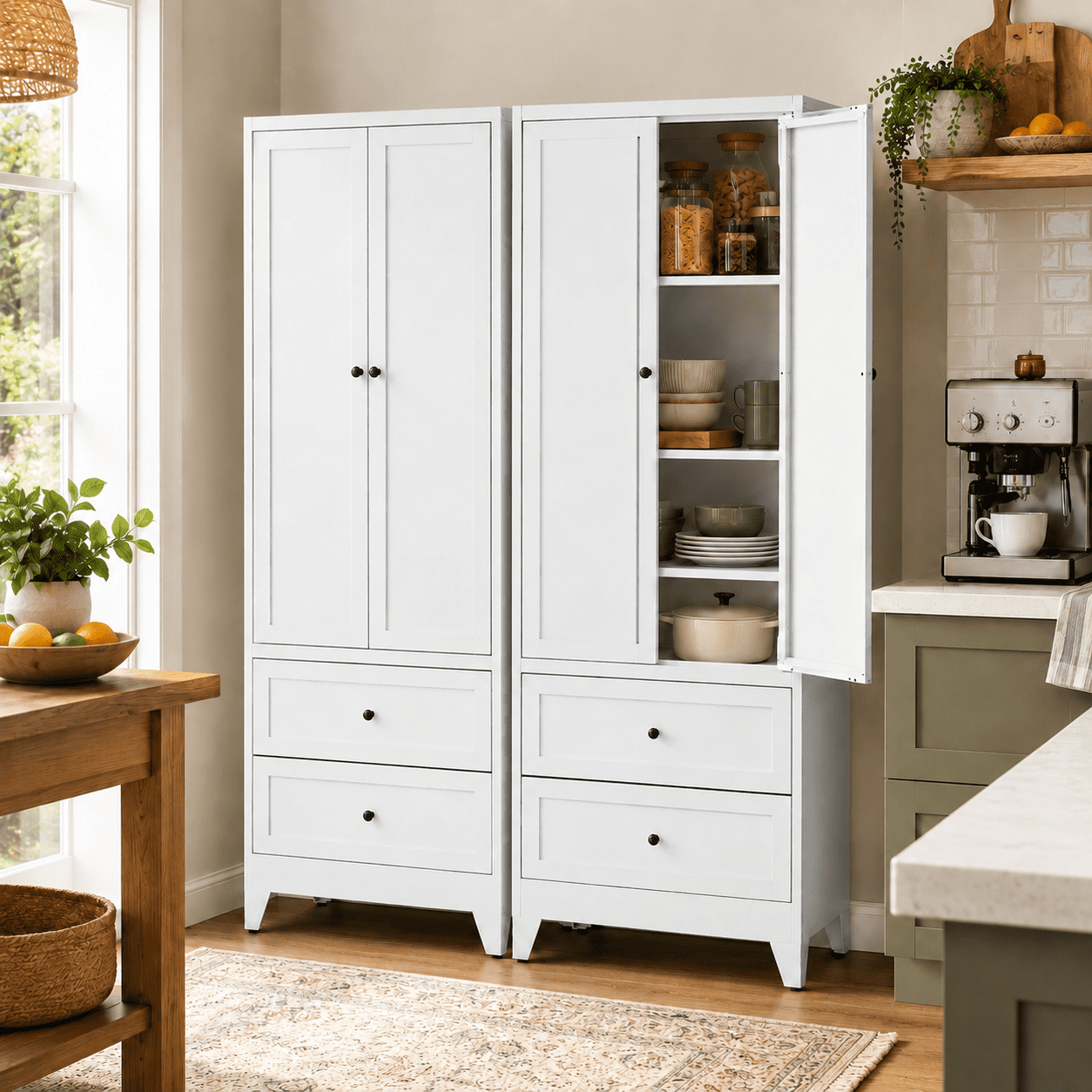 IKIMI 72" White Metal Pantry Cabinet with 2 Drawers and Adjustable Shelves, Tall Kitchen Storage Cabinet, Freestanding Cupboard for Dining Room, Bathroom, Laundry Room