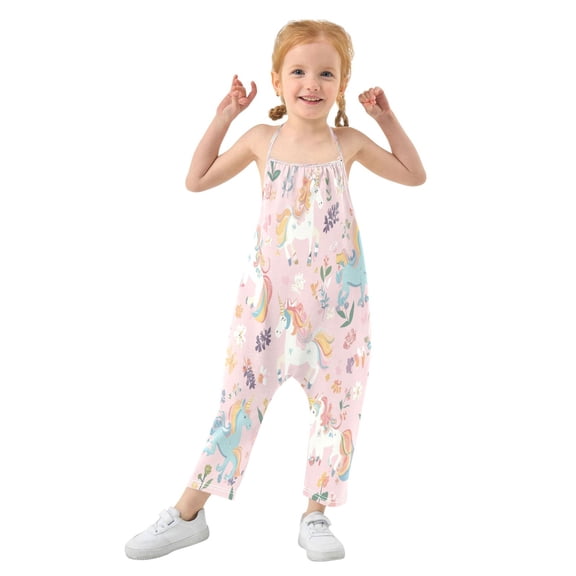 Girls' Jumpsuits Rompers Summer Casual Sleeveless Rompers With Pockets Spaghetti Strap Romper Cartoon Unicorns Pattern 1T