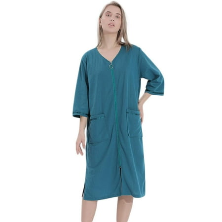 

Leisure Homewear Couples Sleepwear Unisex Men Women s Bathrobe V Neck 3/4 Sleeve Nightgown Zipper Mid-long Nightdress with Pockets