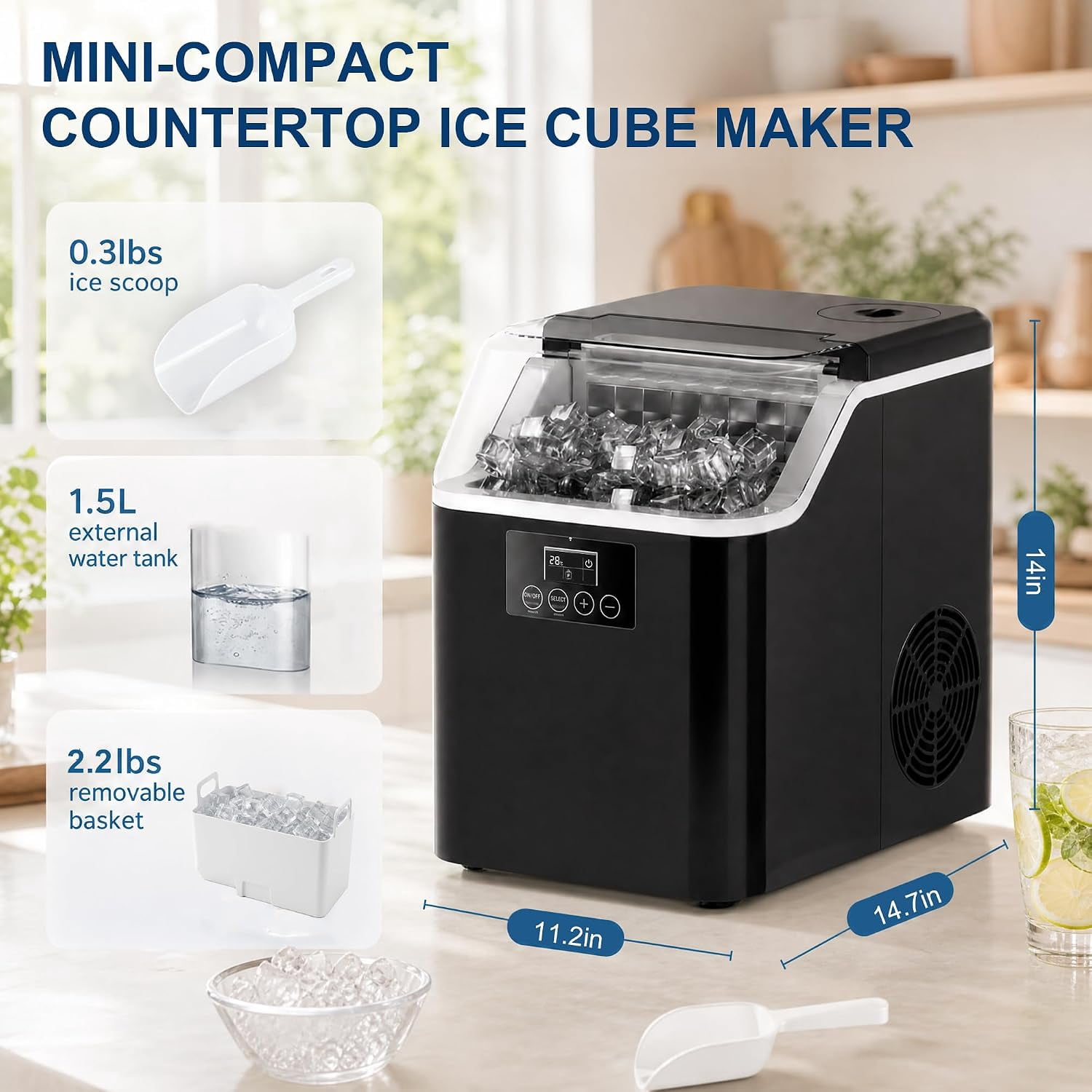 Countertop Square Ice Cube Maker Machine 45lbs/Day, 24 Cubes Per Cycle 6-13 Mins Fast Ice, Timer Auto Self Clean Manual & Auto Water Connect for Home Bar Office