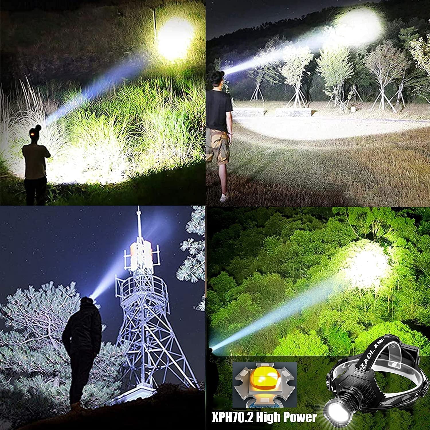 Led rechargeable headlamp 90000 high lumen, xph70 brightest LED work headlight zoomable, waterproof, 90 ° adjustable, 5 modes lightweight head lamp for adult camping, hard hat, hunting