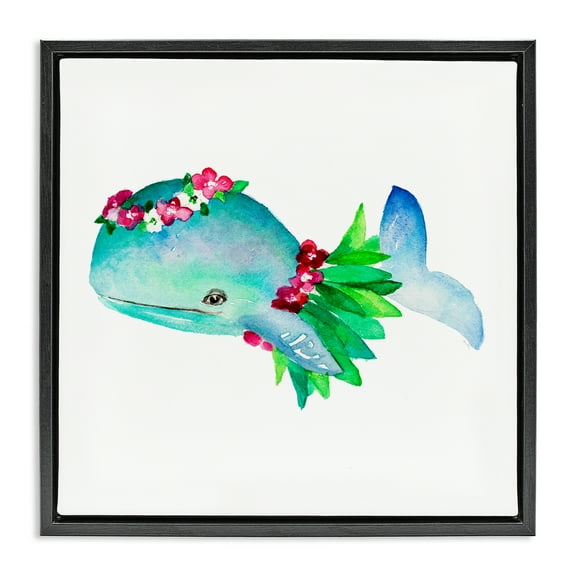 Stupell Industries Hula Skirt Whale Novelty Painting Black Floater Framed Canvas Art Print Wall Art, 18 x 18