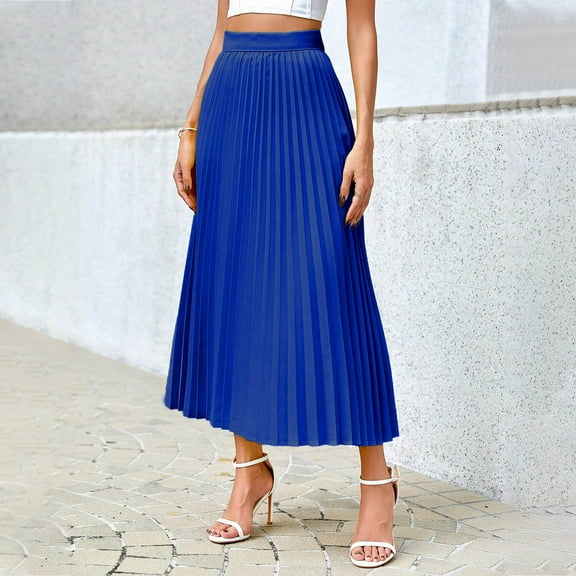 Women's High-Waisted Pleated Skirt for Business Casual Wear, Solid Color Regular Length Polyester Skirt
