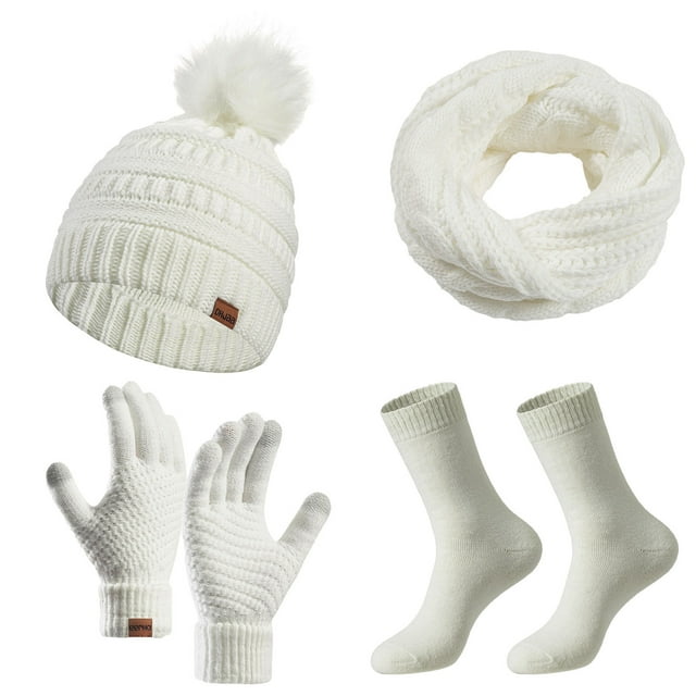 White White Knitted Winter Accessory Set Including Four Pieces For Complete Cold Weather Protection And Stylish Seasonal Fashion