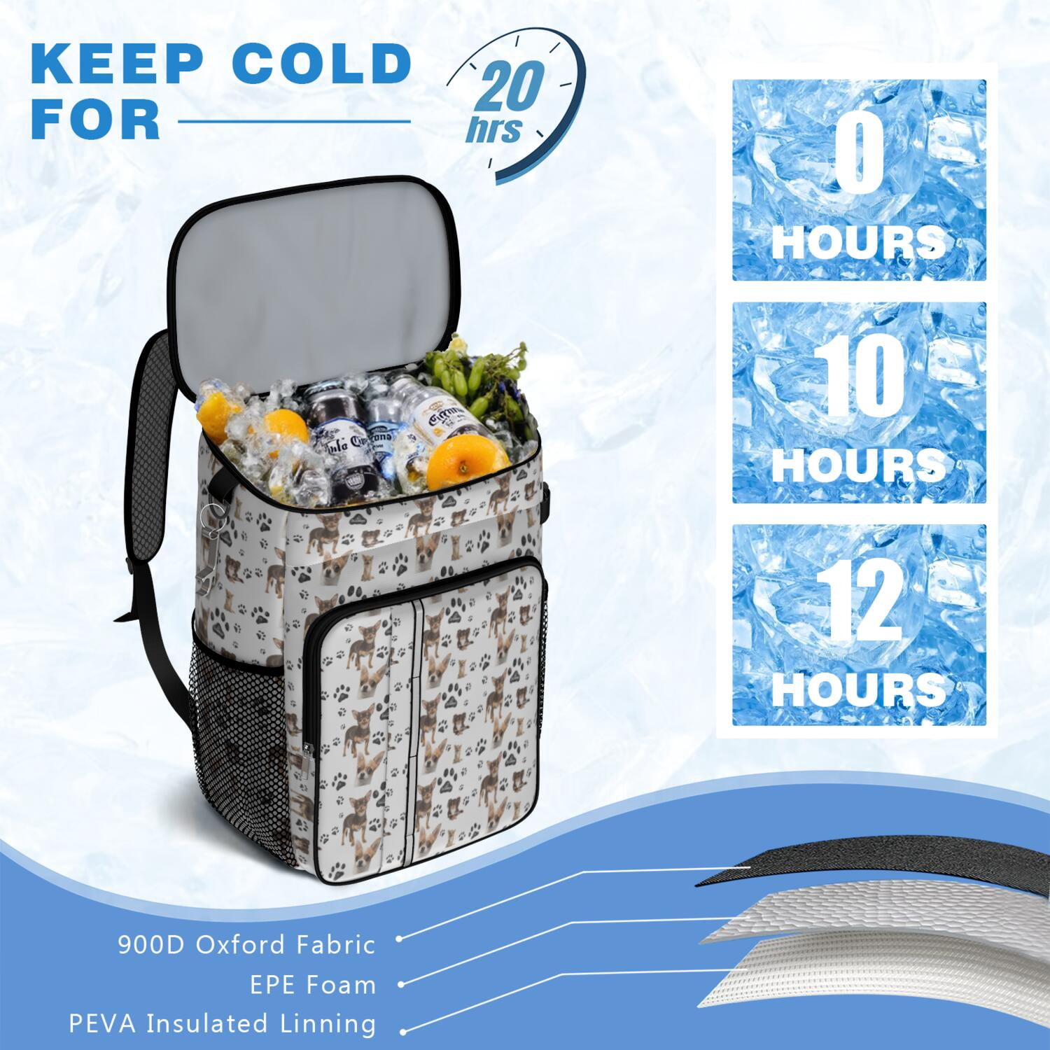 Travel Cooler Bag - Chihuahua and Footprints Camping Beer Cooler Backpack with Bottle Opener- Waterproof Insulated Picnic Backpacks - Cooler Bag for Beach
