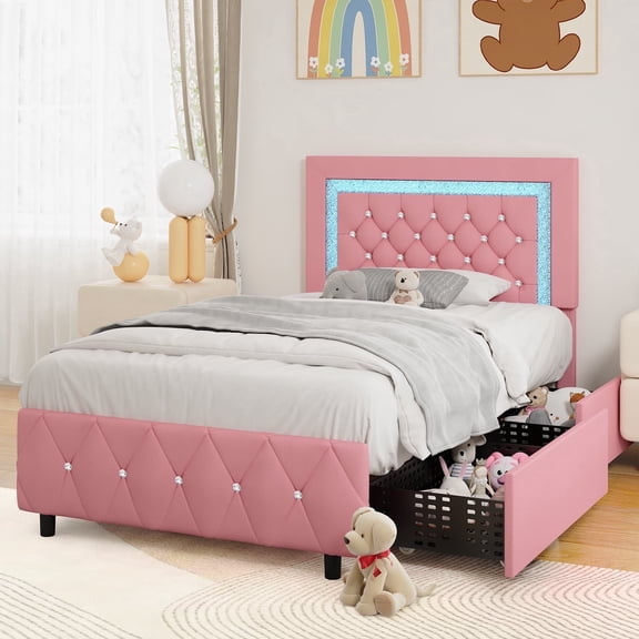 4 Ever Winner Twin Size LED Bed Frame with 2 drawers, Pink Twin Bed Frame with LED Light and Diamond Headboard, Modern Upholstered Bed Twin Size, Pink