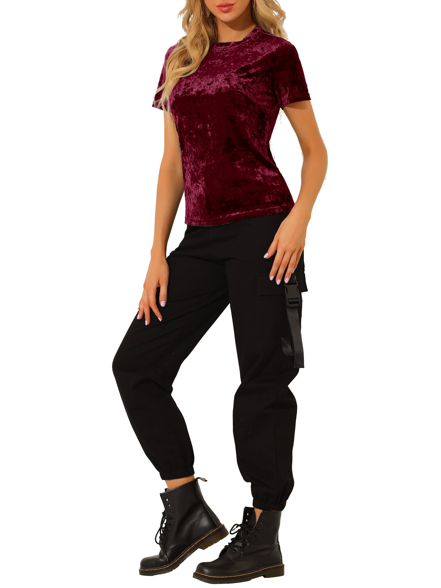 DARING DIVA Women's Velvet Blouse Tops Crew Neck Short Sleeve T-Shirt XL Burgundy