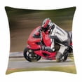 thumbnail image 1 of Teen Room Decor Throw Pillow Cushion Cover, Racing Motorcycle Athlete in Speed Turning on the Road Activity Picture, Decorative Square Accent Pillow Case, 20 X 20 Inches, Multicolor, by Ambesonne, 1 of 2
