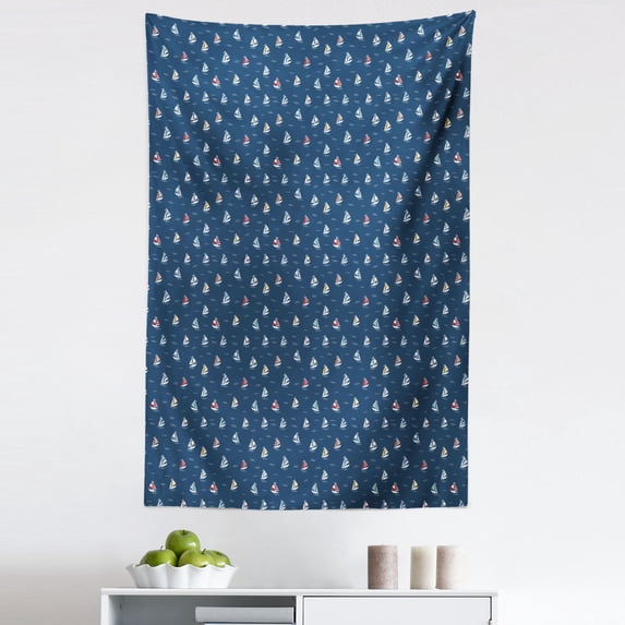 Maritime Tapestry, Minimal Colorful Sailboats Pattern of Line Art Waves Ocean Themed, Fabric Wall Hanging Decor for Bedroom Living Room Dorm, 5 Sizes, Dark Sky Blue Multicolor, by Ambesonne