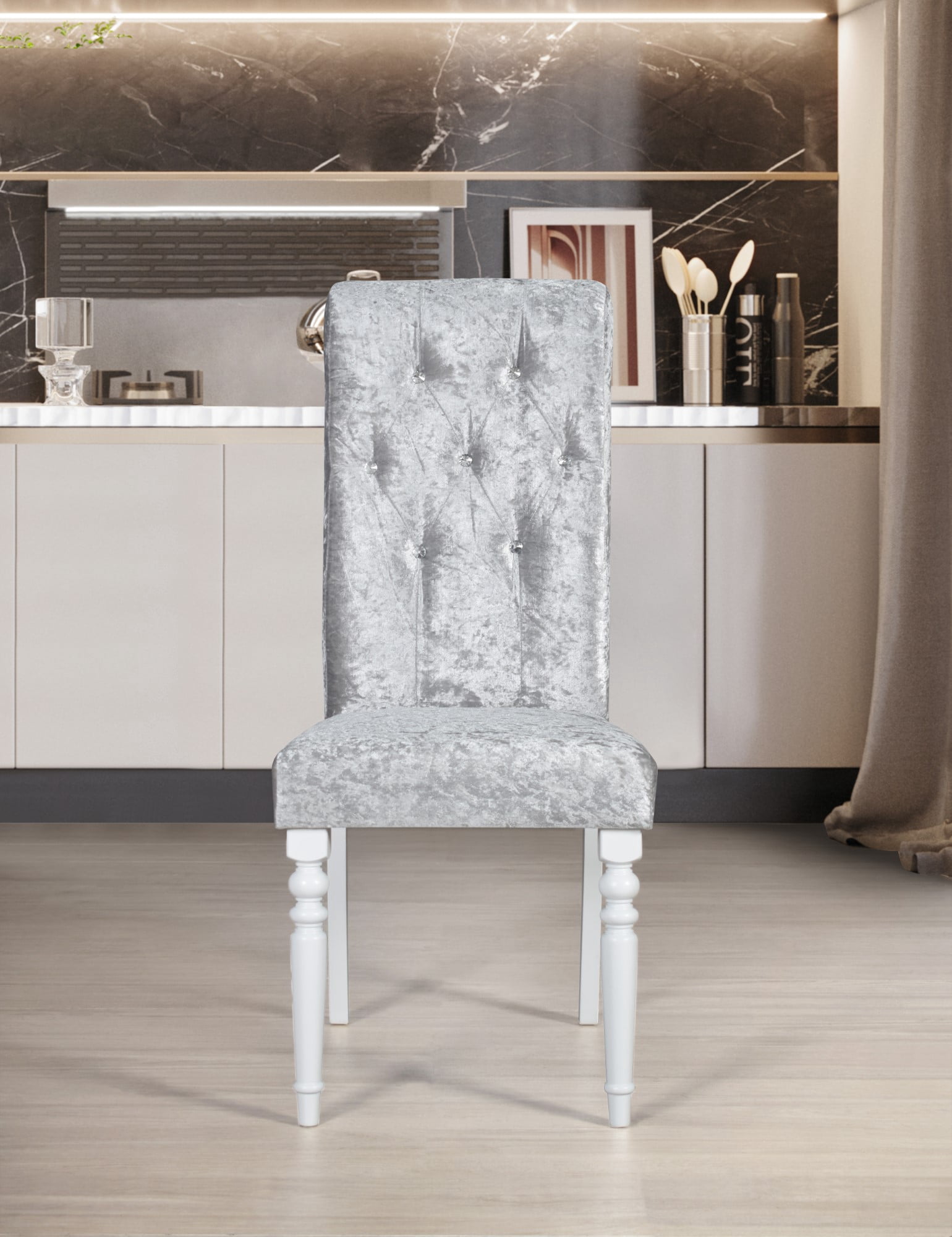 Home Design Reston Dining Chair (Set of 6), White/Shiny Silver Gray, Diamond-tufted back, Padded seat, Turned front legs, Tapered back legs, Luxurious design, Comfortable seating