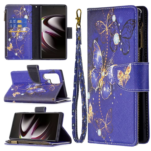 TECH CIRCLE Galaxy S22 Ultra 5G Wallet Case,Premium PU Leather Zipper Card Slot Wrist Strap Magnetic Closure Kickstand Carrying Pouch Protective Case for Samsung Galaxy S22 Ultra 5G,Purple Butterfly