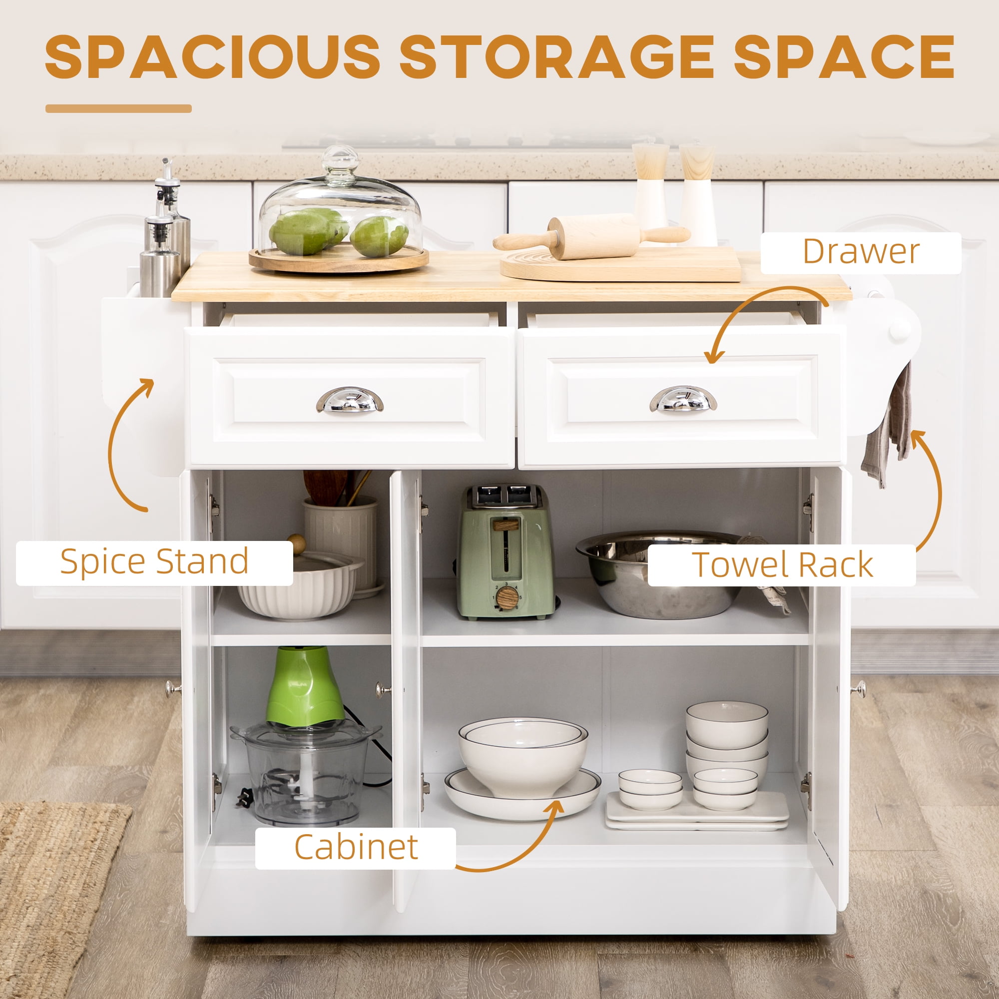 HOMCOM Kitchen Island on Wheels Kitchen Storage Cabinet Utility Cart White