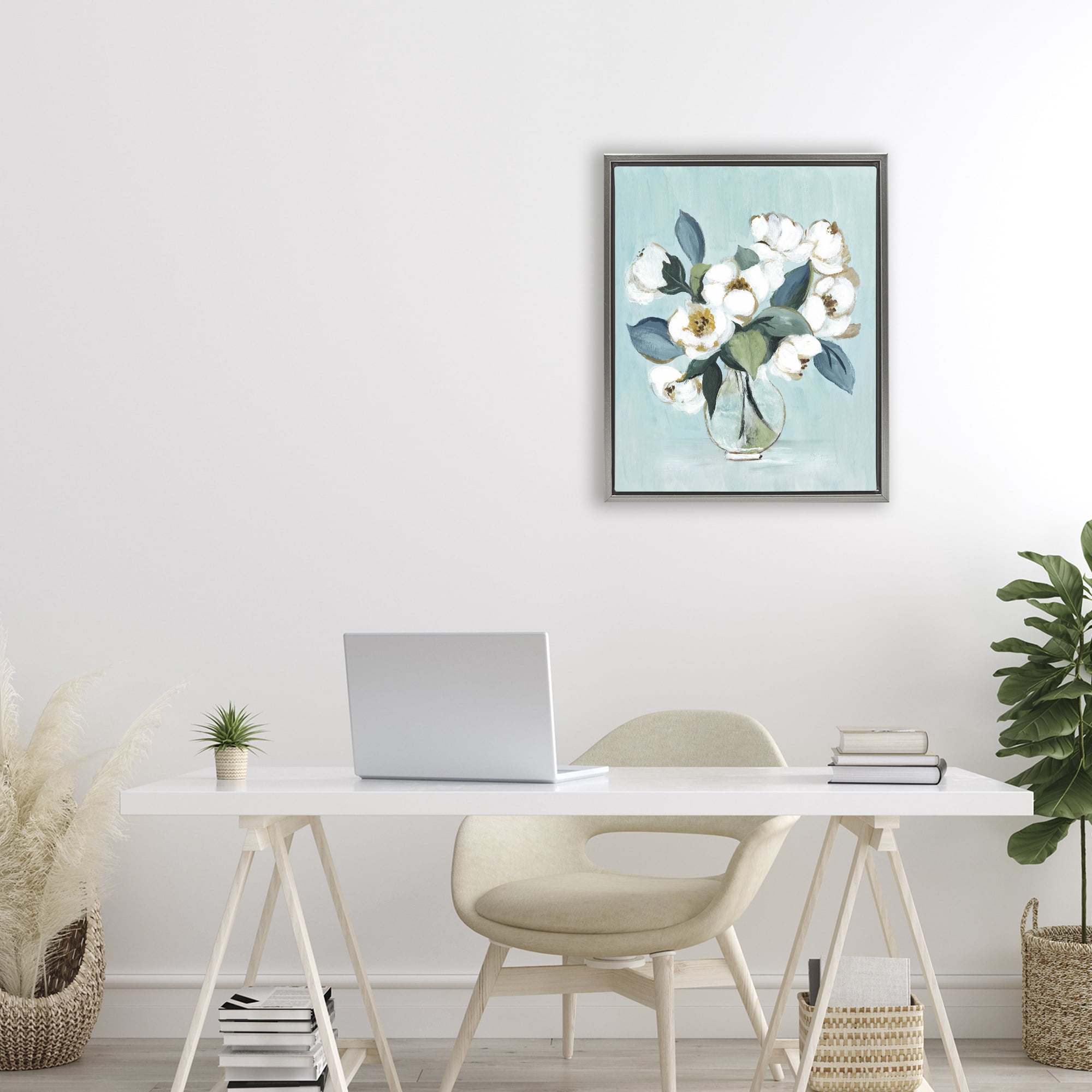 Stupell Industries Magnolia Arrangement over Blue Gray Framed Floater Canvas Wall Art, design by Janet Tava