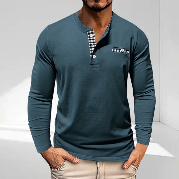 Blusas y camisas de manga larga con cuello redondo para hombre, informales, de manga larga, cuello redondo, medio botón, a cuadros, con bolsillos y bloques de color, blusas de poliéster para hombre