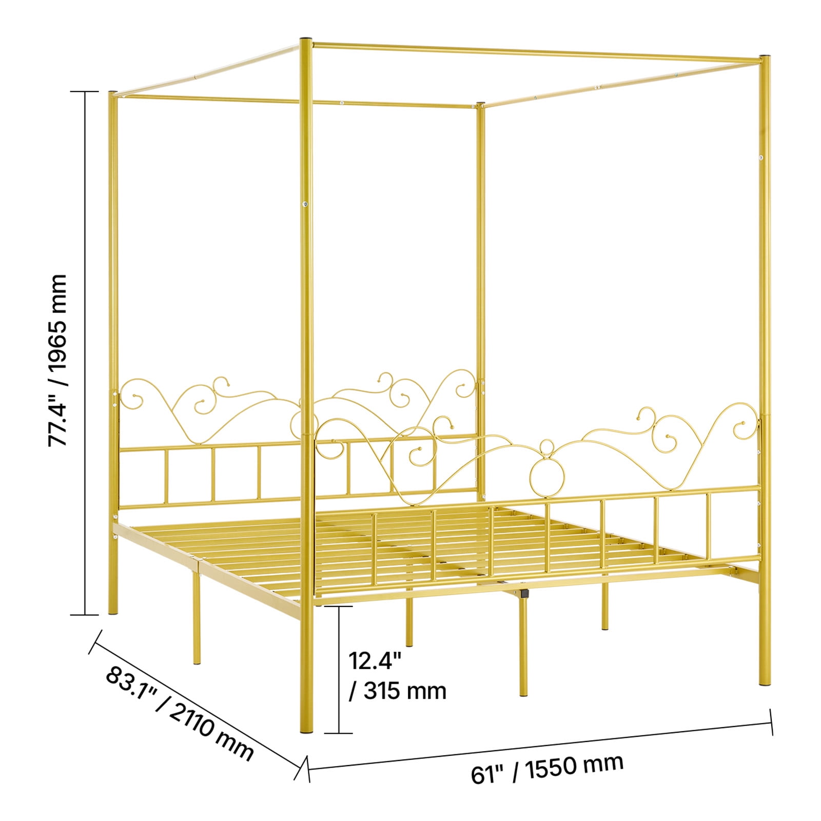 KFFKFF Queen Size Canopy Bed Frame, No Box Spring Requi, Durable Steel Bed Frame with Minimalist Headboard, Ample Underbed Storage, Easy to Assemble