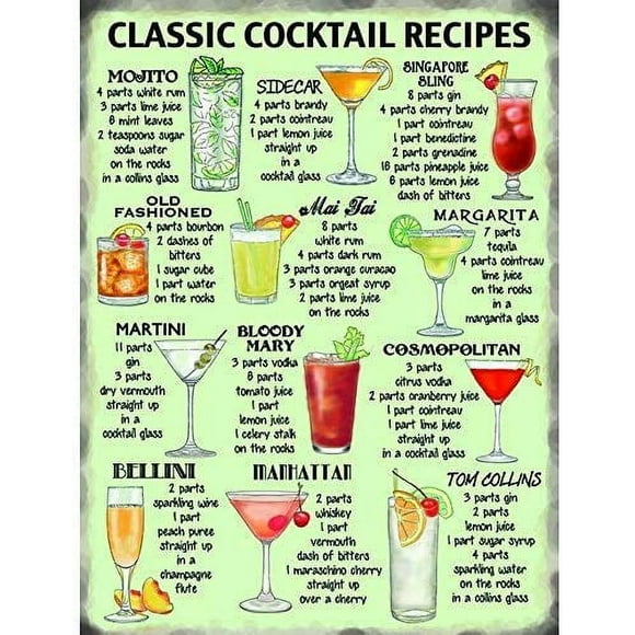 Size: 16" x 12" Classic Cocktail Recipes Vintage Tin Sign Wall Decor