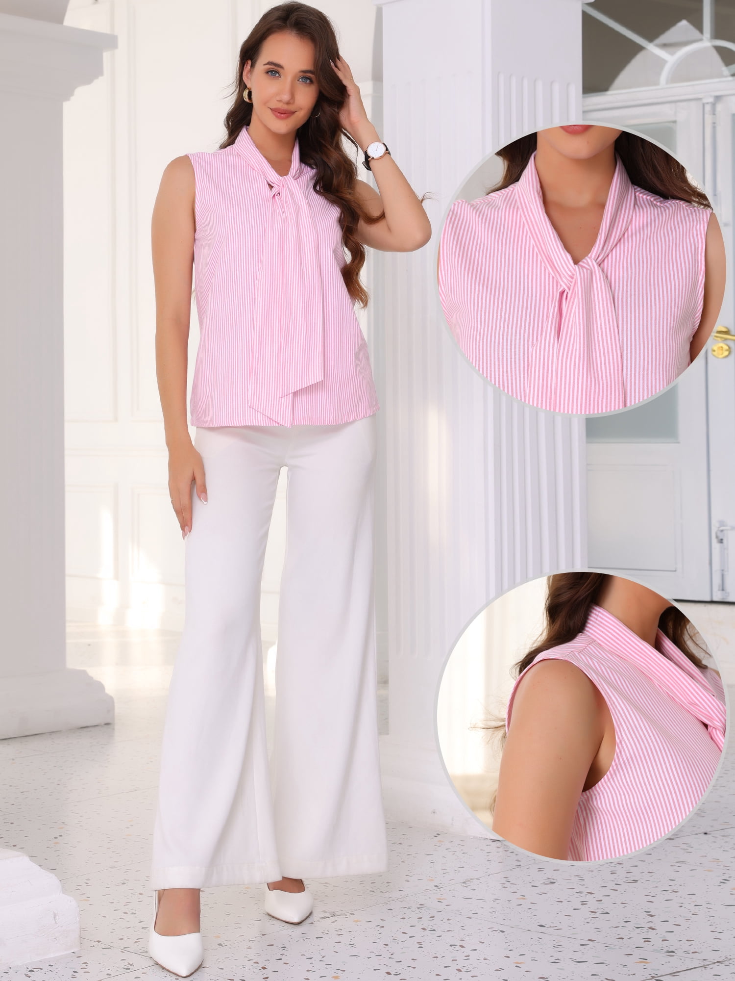DARING DIVA Women's Sleeveless Striped Work Business Blouse XL Pink
