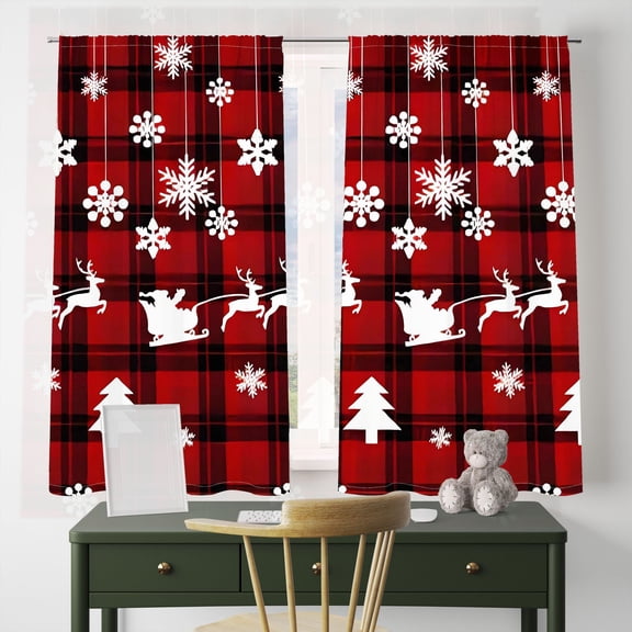 WNOOHIY Christmas Red Plaid with Snowflakes Reindeer Light-filtering Curtains for Living Room Bedroom Study Office, Holiday Decor,Set of 2 Panels