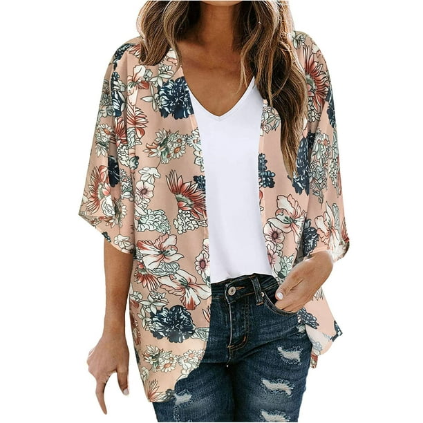 jsaierl Women's Floral Print Puff Sleeve Kimono Cardigan Loose Cover Up ...