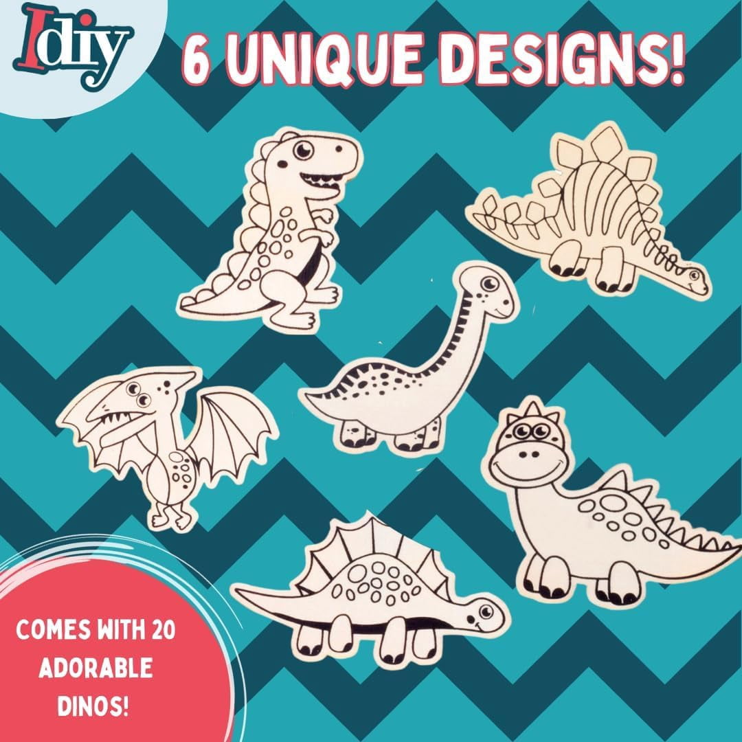 SCS Direct Kids Party Dino Wood Painting Craft Kits (20ct)-Dinosaur Designs -Each Kit Has its Own Brush, Paint, & Figure- Fun, Unique Birthday Party Activity, Favors or Classroom School Projects Gift
