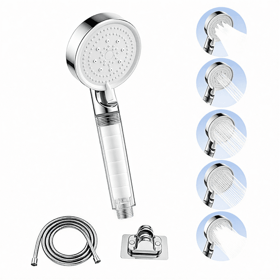 Shower Head with Handheld,5 Spray Mode Shower Head with Filters,High-Pressure Shower Head with Punch-Free Bracket and Long Hose,Easy Installation Without Tools Silver