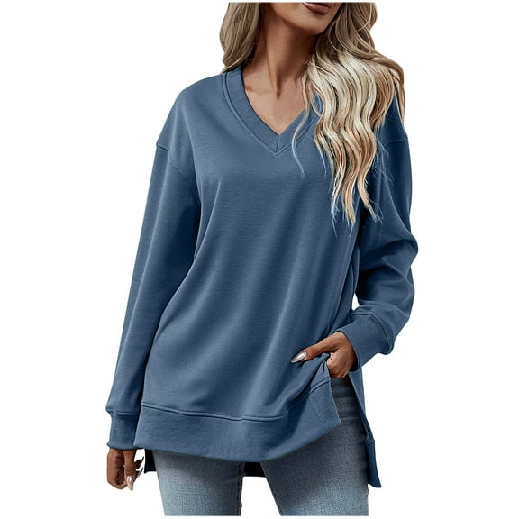 Sweatshirt for Women Long Sleeve V Neck TopsPullover Casual Sweatshirts Solid Fall Fashion Sweaters Loose Trendy Winter Clothes Cute Tops Comfy Fall Outfits 2025