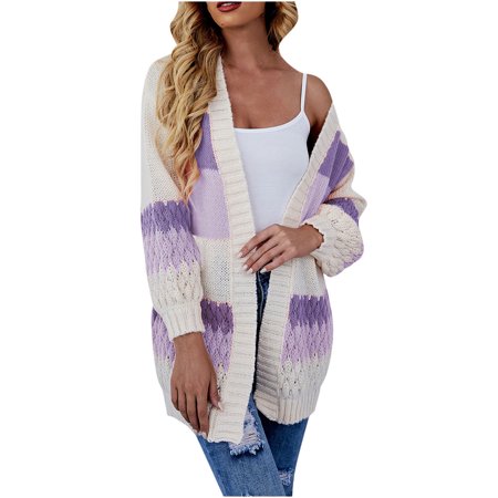 

Ziloco Woman Fashion Color Matching Long Sleeves Knit Cardigan Loose Tops Blouse Sweater maternity winter coat Purple S